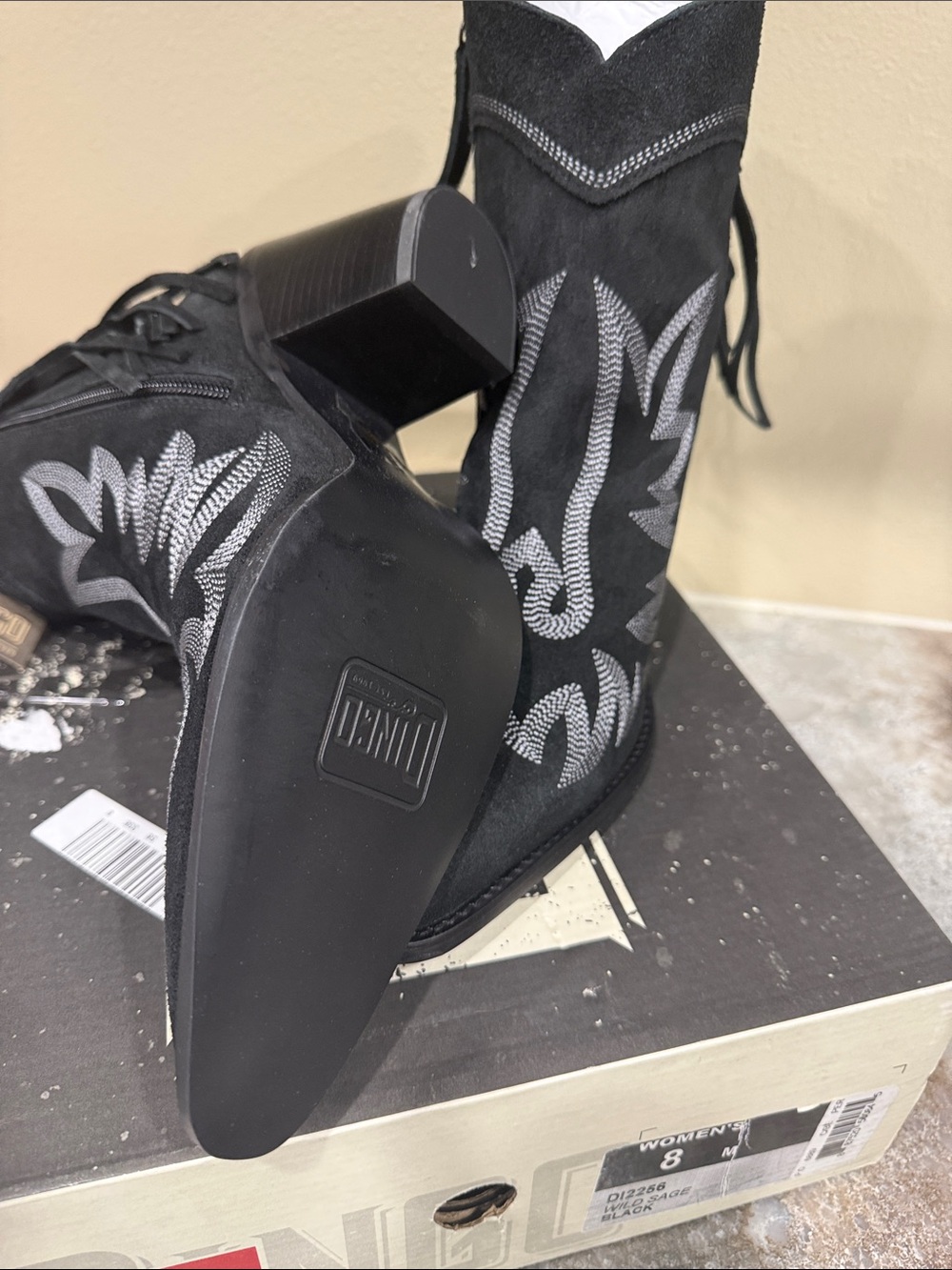 dingo Black Suede Western Heeled Boots with White Stitching - Picture 6 of 6
